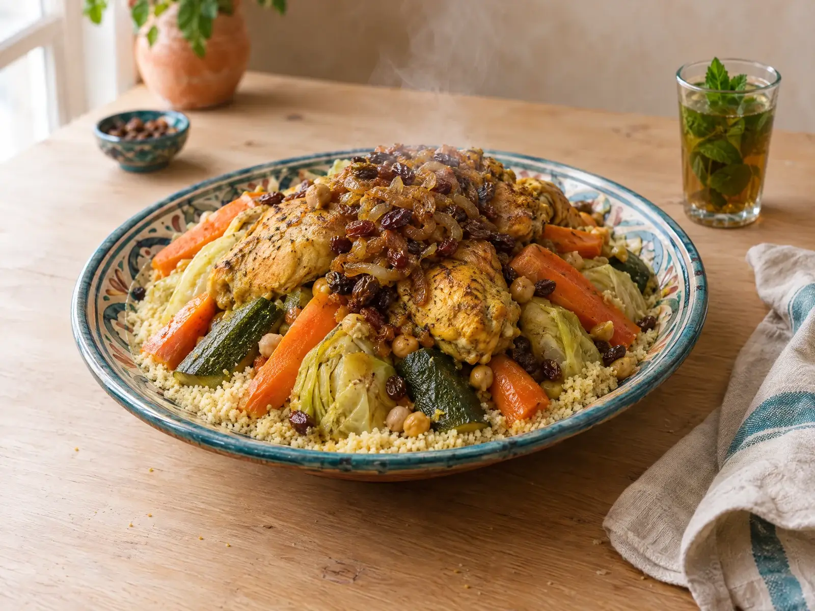 Een schaal couscous met kip en groenten en een glas muntthee