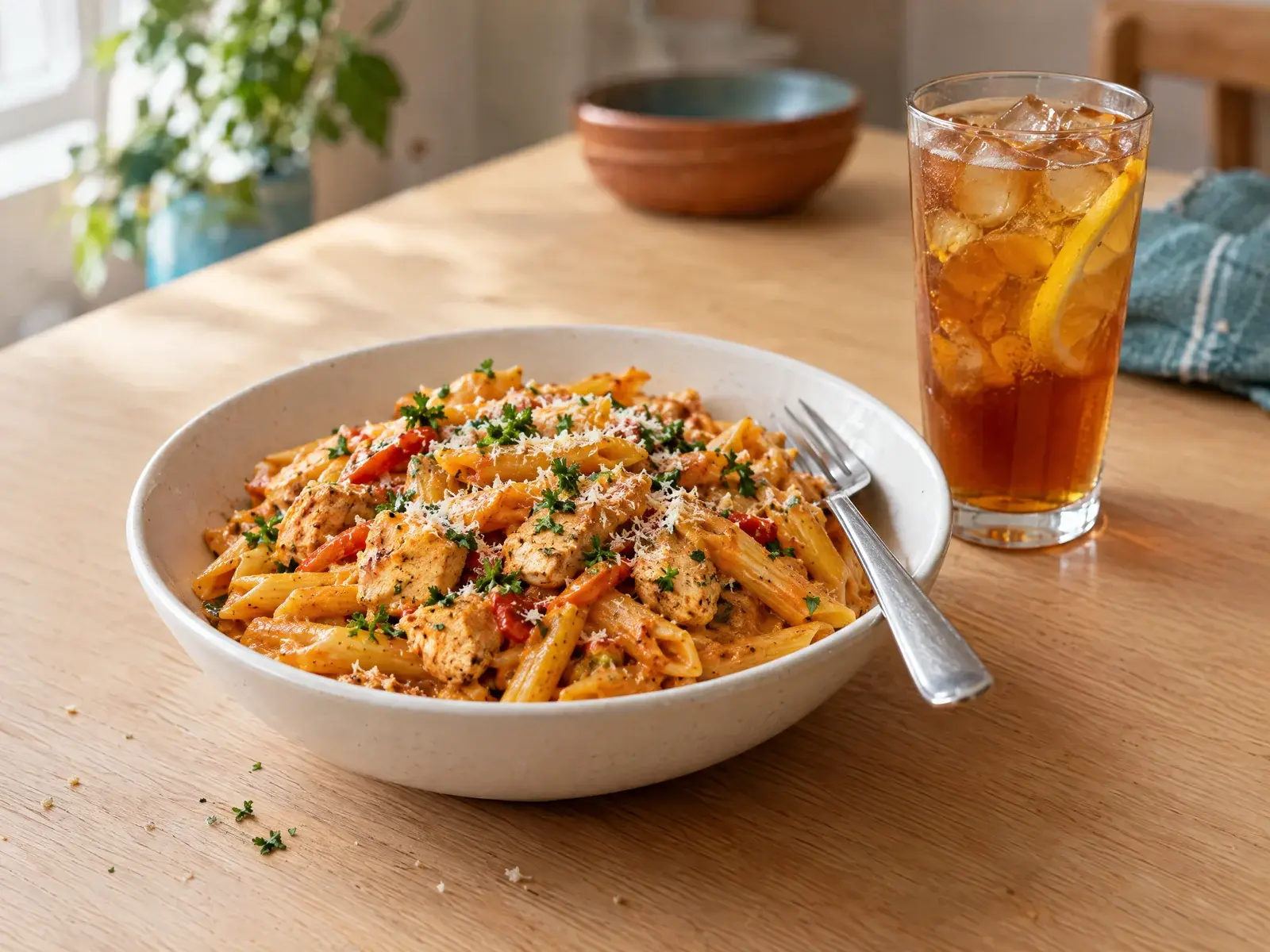 Een kom pasta met kip en een glas ijsthee